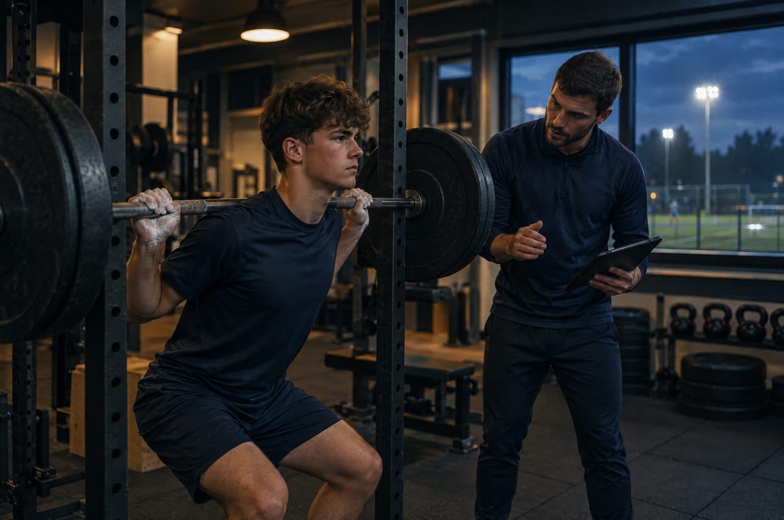 A strength coach cueing a young player at the squat rack